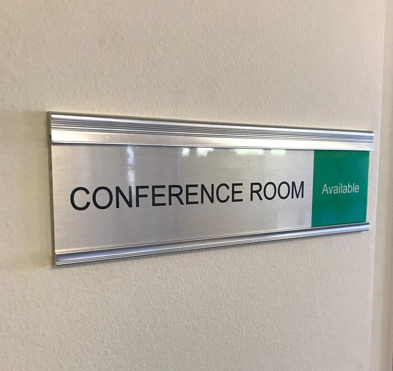 NapTags Modern, Satin, Aluminum, Conference Room Slider Nameplate Holder, 8" x 2" - Image 1